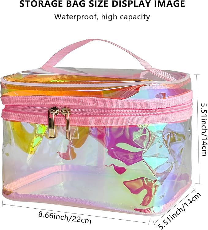 Waterproof Holographic Red PVC Makeup Bag with Handle - 8.66 * 5.51 * 5.51 inch Travel Cosmetic Organizer for Women Men Toiletry Pouch (Holographic Red-L)