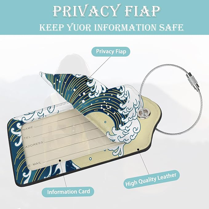 Luggage Tags for Suitcase,2 Pack Japanese Ocean Wave Luggage Tag Leather Privacy Cover ID Label with Stainless Steel Loop for Women Men Kids Girls Travel