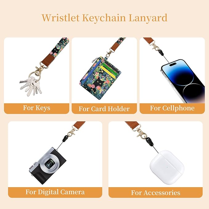 Hancynir Flower Black Cat Floral Slim Wallet Women Credit Card Holder Small Cute RFID Blocking Front Pocket Wallet Wristlet Keychain Lanyard Card Case Thin Travel Zipper Coin PU Leather Ladies Gifts