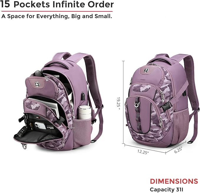 Swissdigital Design Laptop Backpack with USB Charging Port, Travel Backpack Fits 15.6 inches Computer, 31L College School Backpack for Men, Pink Camo | SD803-93