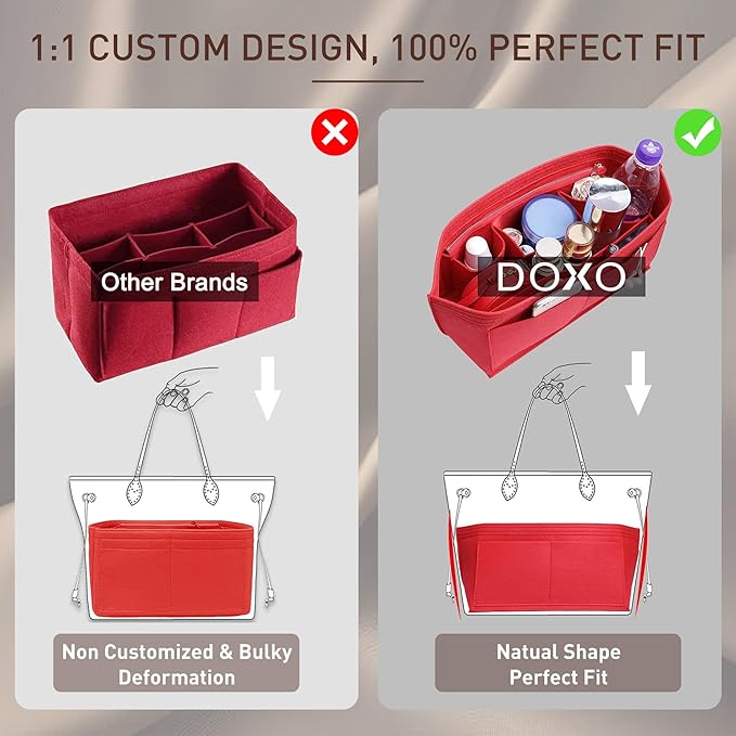 Doxo Purse Organizer Insert for Handbags & Base Shaper 2pc Set,Felt Organizer Insert Large Tote,Bag Organizer with Zipper 7 Sizes,Fit Speedy Neverfull MM/Speedy 30 and More(Red-L-Combination)