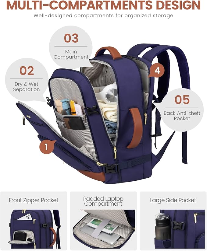 LOVEVOOK Travel Backpack For Women Flight Approved, 50L Large Carry On Backpack, Personal Item Travel Bag for Airplanes, Business 18 Inch Laptop Backpack, Weekender Overnight Daypack, With 3 Cubes