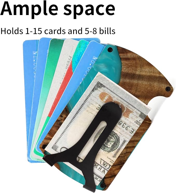 Carbon Fiber Minimalist Wallet for Men Credit Card Holder Money Clip & Cash Strap Slim RFID Mens Wallets,Resin Natural Walnut Wood,Unique Pattern,Light Blue