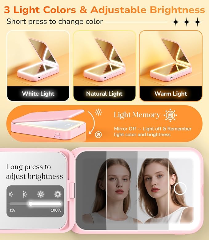 Gospire 2-in-1 Travel Mirror with Light and 3000mAh Magnetic Power Bank for iPhone 16/15/14/13/12 Series Only, Compact Mirror for Purses, 3 Color Lights and 3X/1X Magnification - Pink