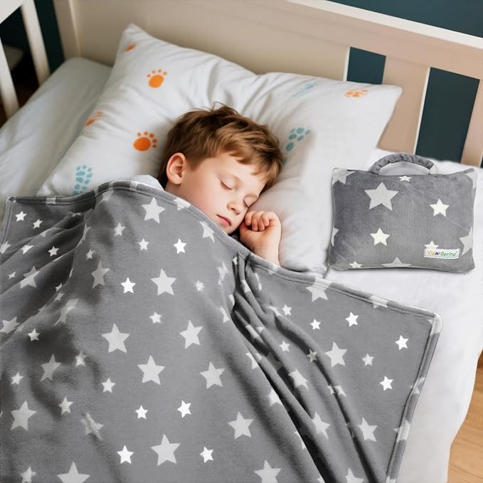 3-in-1 Kids Travel Pillow and Blanket Set - 40x60 Inches Soft Grey Star Design | Travel Blanket Airplane Compact with Bag | Ideal for Travel, Camping, Car Rides & Home Decor