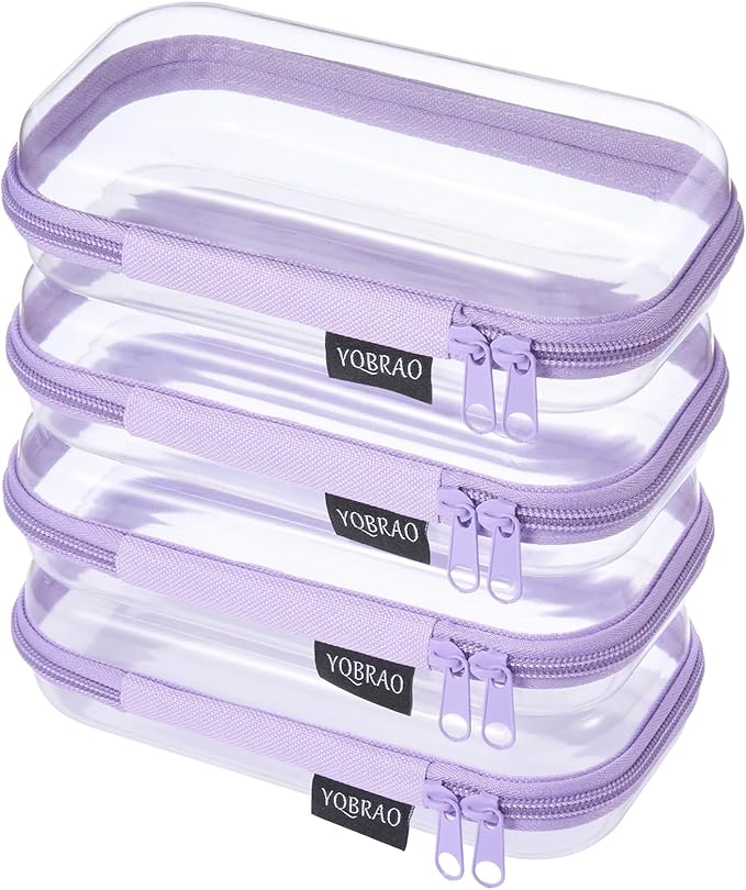 YQBRA 4 Pack Clear Hard Shell Zipper Case, See-Through Hard Plastic Organizer Pouches with Zipper for Travel, Toiletries, Makeup, Electronics & Pencils - Crush-Resistant Storage (S Purple)