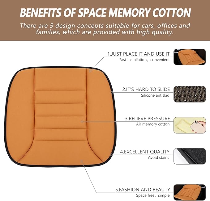 MYFAMIREA Car Seat Cushion Pad 1.2" Thick Comfort Seat Protector for Car Driver Seat Office Chair Home Use Memory Foam Seat Cushion with Non Slip Bottom, 20'' x 18.5'', Orange