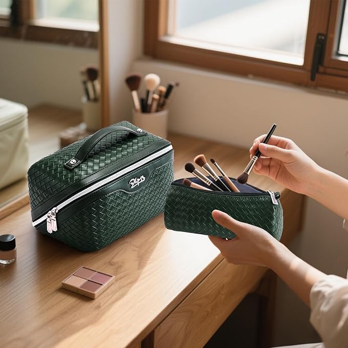 BOYATU Travel Makeup Bag Cosmetic Bags for Women: Large Capacity 3 Pcs Set Make up Bag with Compartments - Waterproof Vegan Leather Toiletry Organizer Bags with Handle (L06 Olive)