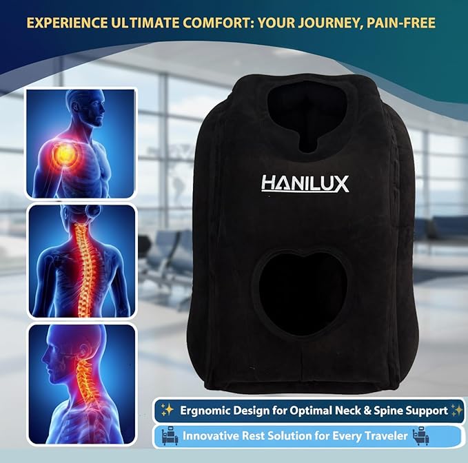 Inflatable Travel Pillows for Airplanes, Blow Up Travel Pillow for Train Office Car with Chin and Neck Support, Inflatable Travel Pillow for Sleep Support with Eye Mask,Storage Bag & Earplugs (Black)