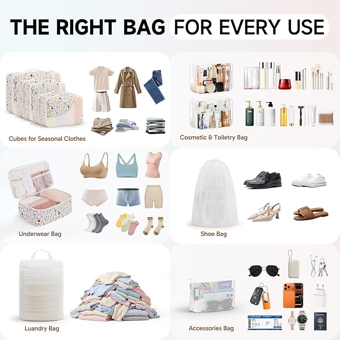 11 Set Packing Cubes for Travel, Gifts for Women Mom Kids, TSA Approved Bags for Makeup, Cosmetic, Toiletry, Suitcase Organizers for Checked Luggage,Cruise Essentials,Airplane Accessories,White Floral