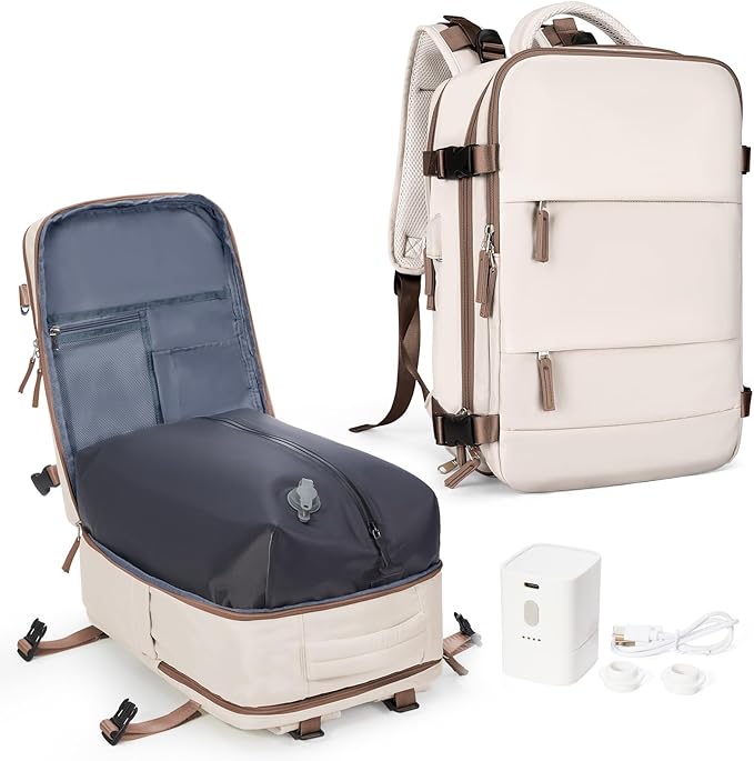 coowoz Vacuum Backpack Travel with Pump,Travel Backpack with Vacuum System For Women Men,Carry On Backpack,Hiking Backpack Waterproof Outdoor Sports Rucksack Daypack,30L(Vacuum pump) Beige Brown