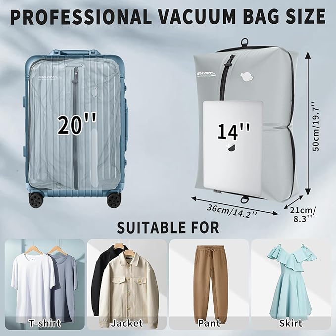 Reusable Vacuum Bags for Travel,Professional Waterproof IPX8 Vacuum Compression Bag for Suitcases Backpack,Space Saver Bags Packing Organizers for Clothing Packing(1 Pack,Gray)