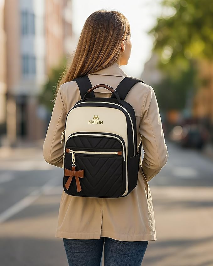 MATEIN Mini Backpack Purse for Women, Fashion Small Purse Backpack, Waterproof Casual Daily Cute Shoulder Bag Ladies Handbags for Travel Work College, 2pcs Sets, Black-Beige