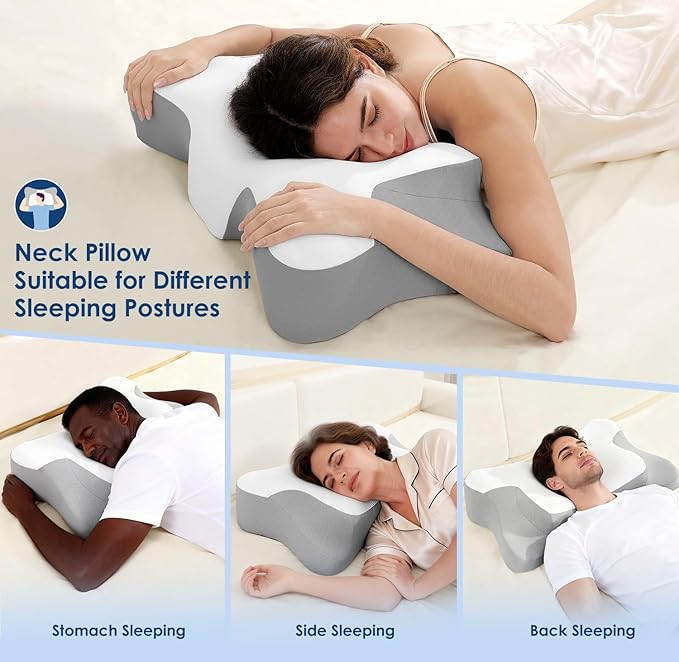 Cervical Neck Pillow for Neck Pain Relief, Ergonomic Memory Foam Contour Pillow for Sleeping, Cooling Butterfly Pillow for Back,Side,Stomach Sleepers, Orthopedic Bed Pillow for Neck Support(White)