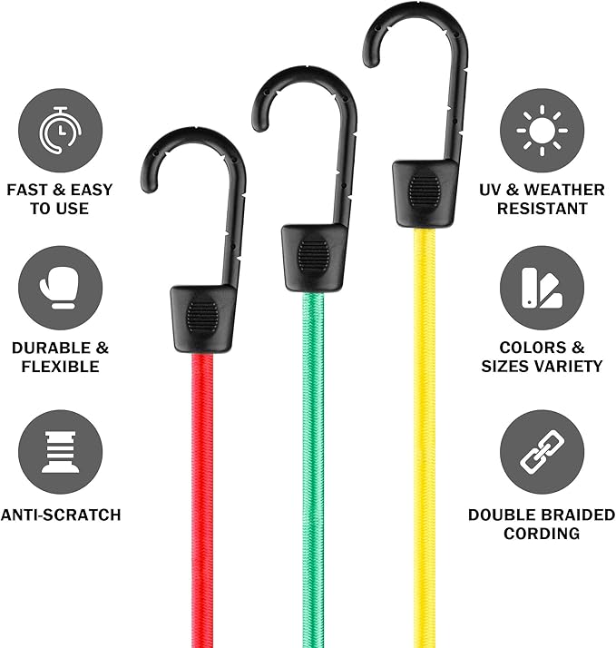 Cartman Adjustable Bungee Cords, 6 Pack 32 inch Adjustable Bungee Strap, 24 Inch, 18 Inch Bungee Cord with Hooks