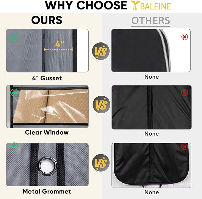 BALEINE 5PK Heavy Duty Garment Bag with Shoe Storage Travel Bag for Dresses, Suit, Coats Travel Essential (43", Grey)