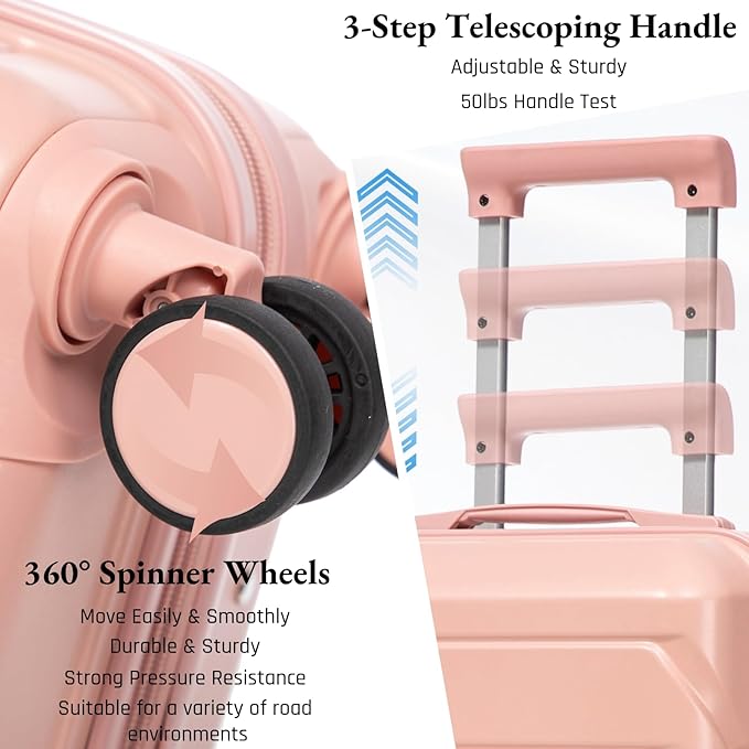 2-Piece ABS Hard Shell Lightweight Carry-On Luggage Set (14" & 20"), 360-Degree Spinner Wheels, Adjustable Telescopic Handle and Combination Lock for Travel, Pink