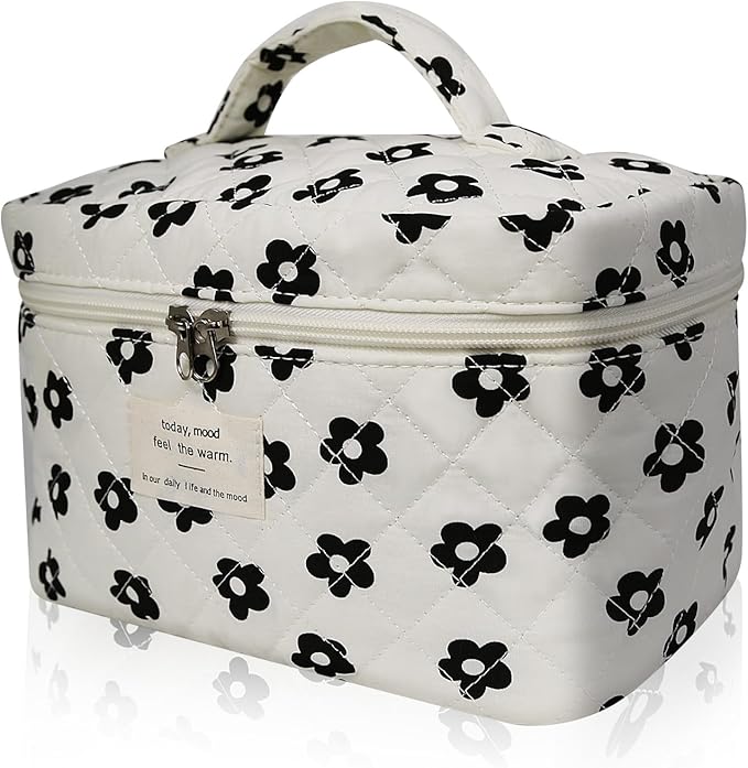 Large Makeup Bag, Cute Cosmetic Bag for Women Girls, Floral Coquette Aesthetic Toiletry Bag, Travel Make Up Organizer Bag (Black Flower)