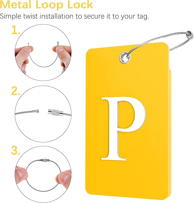 Gostwo 2 Pack Luggage Tags for Suitcases, 26 Initial Letter Travel Luggage Baggage Identification Labels ID Tag Fully Bendable Tags with Stainless Steel Loop (Yellow) (Letter P)