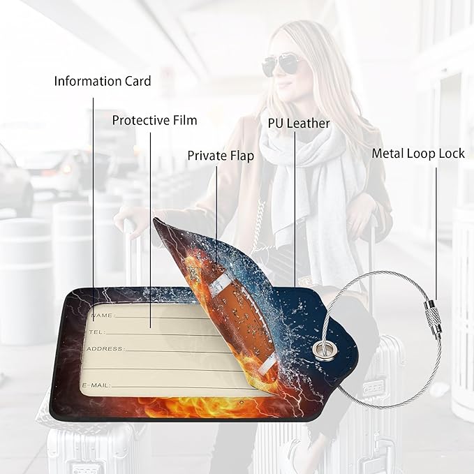 2 Pack Football Luggage Tags Travel PU Cute Leather Sports-Themed Bag Luggage Tag Name ID Labels with Privacy Cover Suitcases Women Men Girls Boys Fun Laggage Tags Identifiers with Cool Fire(football)