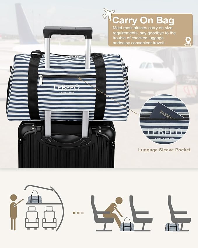 Travel Duffle Bag for Women Large Weekender Overnight Bags Gym Bag with Shoe Compartment Waterproof Hospital Bag Carry On Tote Bag for Airplanes,Blue Stripe