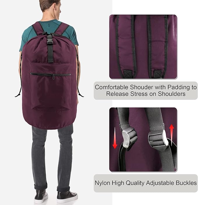 BeeGreen Laundry-Bag-Backpack-Heavy-Duty, Burgundy Nylon Drawstring Portable Laundry Backpack Foldable Extra Large Dirty Clothes Travel Bag College Dorm Apartment Essentials