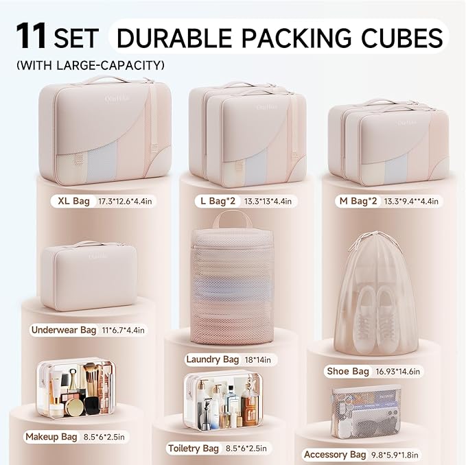 11 Set Packing Cubes for Travel, Gifts for Women Mom Kids, TSA Approved Bags for Makeup, Cosmetic, Toiletry, Suitcase Organizers for Checked Luggage, Cruise Essentials,Airplane Accessories, Beige