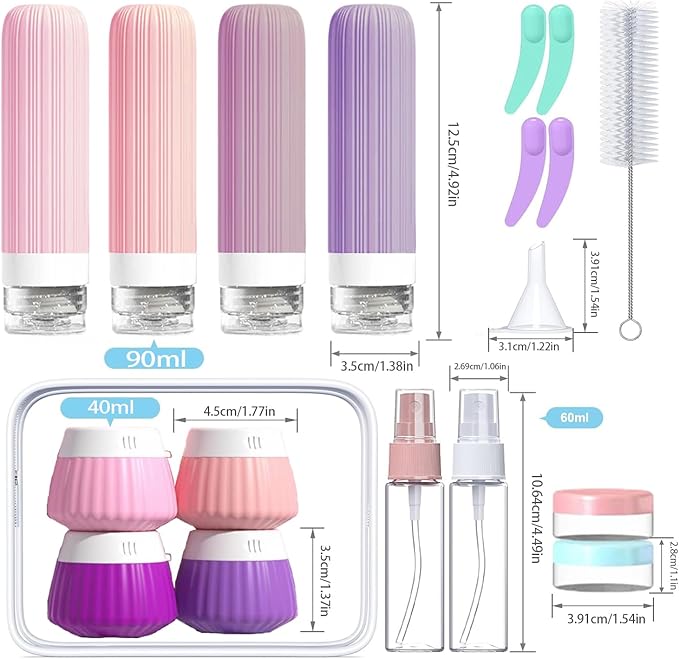 18 Pack Travel Bottles Set, TSA Approved Leak Proof Silicone Squeezable Containers for Toiletries, Refillable Travel Accessories for Conditioner, Shampoo, Lotion & Body Wash Accessories