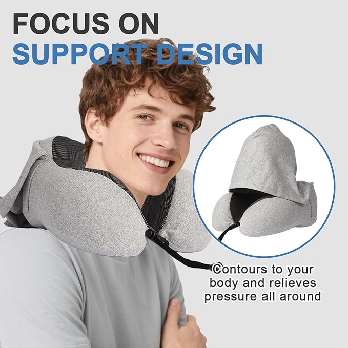 Travel Neck Pillow with 100% Light-Blocking Hood – Ergonomic Memory Foam Support Pillow for Airplane, Long Flights, Road Trips, Office and Car, Full Head and Neck Support with Skin-Friendly Cover