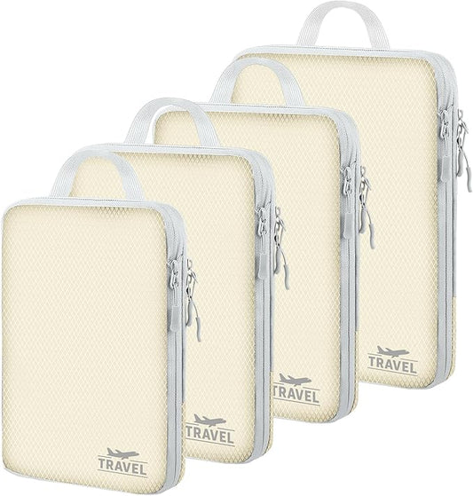 4 Set Compression Packing Cubes, Suitcase Organizer, Lightweight Travel Essentials, Compression Bags For Travel Accessories Luggage Storage Set (4 Pcs, Beige)