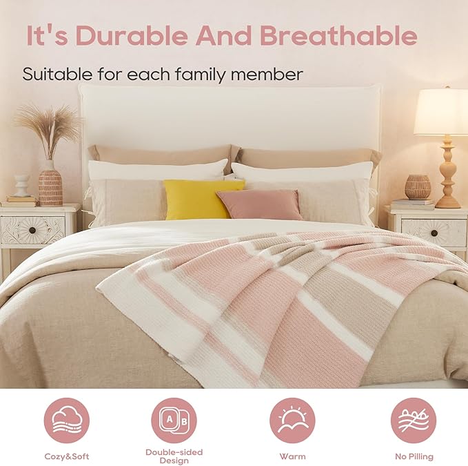 Throw Blanket, Soft Cozy Fluffy Striped Throw Blankets for Couch, Sofa, Bed, Chair, Warm Fuzzy Plush Lightweight Decorative Stripe Blanket, Pink Khaki, 50x60 inches