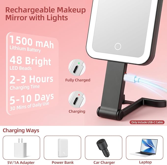 Travel Mirror with Lights, Rechargeable Magnifying Mirror 10X/1X Double-Sided, 3 Color Lighting, Smart Touch Dimming, Precision Tweezers, Lighted Makeup Mirror for Desk, Trip, Office (10.3"x5.2")
