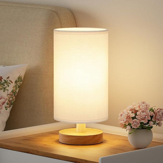 Small Table Lamps (White Shade - Wood Base, 9" Inline Control) | 3000K LED Blub Included | 680 Lumens | Easy Assembly | Minimalist Design | E26 | for Kitchen | for Kids Room