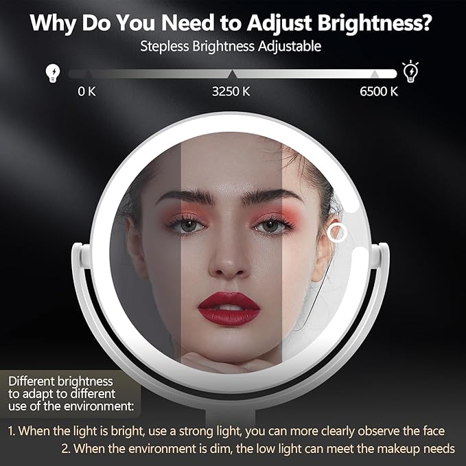 MIYADIVA Makeup Mirror with Lights,20X Magnifying Mirror with Light and Touch Switch,Vanity Mirror with 3 Color Light and 80 LEDs,2-Sided Lighted Magnified Mirror 8.8 Inches