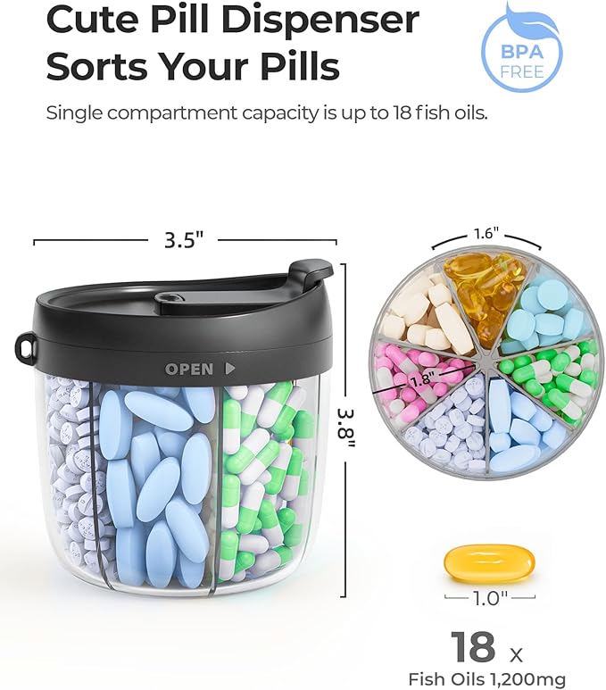 Cute Pill Dispenser with 7 Large Compartments, Portable Pill Bottle Organizer with Wide Opening for Easy Use, Anti-Mix Pill Organizer for Travel, BPA-Free Pill Container, Black