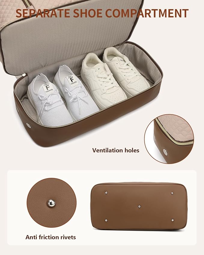Duffle Bag for Women Travel, Weekender Bag Overnight Bag with Shoe Compartment, Carry on Bag with Crossbody Purse for Over Night, Weekend, Yoga, Gym, Business Trips, Hospital, Nude Brown