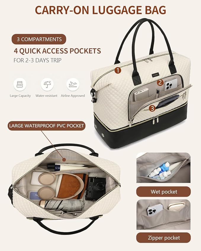 Duffle Bag for Women Travel, Weekender Bag Overnight Bag with Shoe Compartment, Carry on Bag with Crossbody Purse for Over Night, Weekend, Yoga, Gym, Business Trips, Hospital, White Black