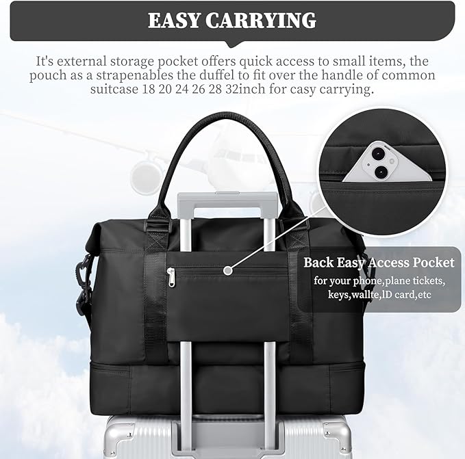Weekender Bags for Women,Overnight Travel Duffel Bag with Shoes Compartment& Toiletry Bag,Extra Large(Black)