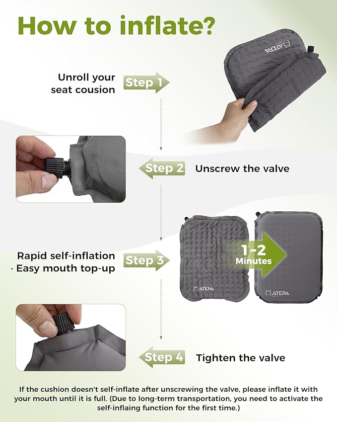 ATEPA Inflatable Seat Cushion, Self-Inflating Portable Stadium Airplane Travel Foam Cushion Pad for Camping, Sports Events, Outdoor