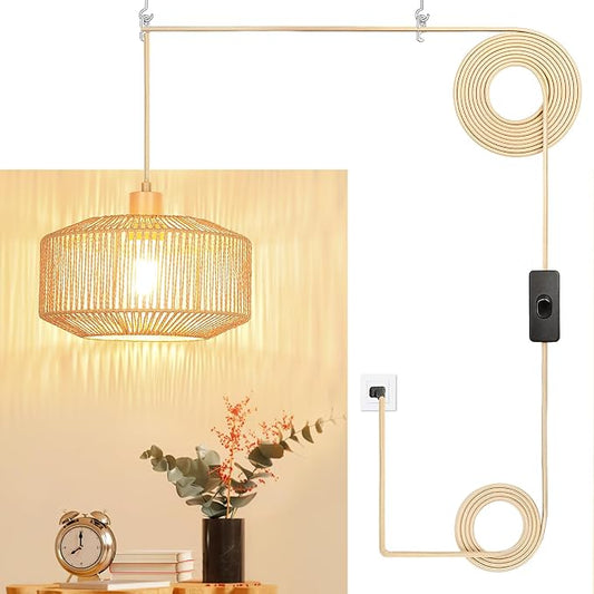 Qingmiao Boho Plug in Pendant Light, Handwoven Shade, 3 Way Bulb, 14ft Cord | Rattan Hanging Lamp Plug in, Dimmable Hanging Light Fixture for Living Room Bedroom Kitchen Ceiling Farmhouse Home Decor