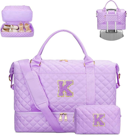Gift for Teen Girl Initial Travel Duffle Bag Quilted Weekender Bags Carry-On Overnight with Cosmetic Bag, Gym Bag with Shoe Compartment Hospital Bag for Women Labor Delivery, Purple-K