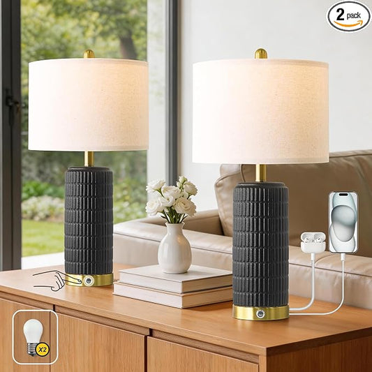 PoKat Ceramic Table Lamps Set of 2 for Living Room, 25'' Modern Touch Bedside Lamps for Bedroom with 2 USB Ports, Farmhouse Black Matte-Textured Nightstand Lamps Office Home Decor (Bulbs Included)