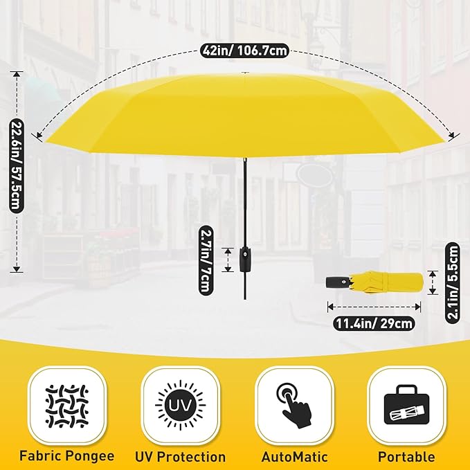 Windproof Travel Umbrella, Compact Umbrella, Car Umbrellas for Rain & Sun, 8 Fiberglass Ribs for Strong UV & Wind Resistance, Portable, Lightweight, Vent, Easy Automatic Open/Close