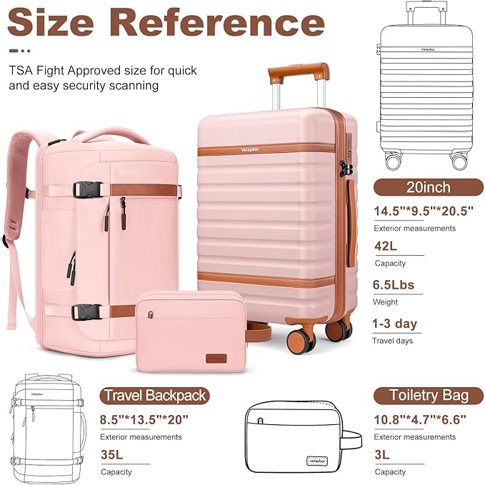 Luggage Sets 3 Piece with Spinner Wheels, Lightweight PC Hardside Suitcase with TSA Lock & YKK Zippers, 20 Inch Carry On Luggage with Travel Bag for Men and Women, Pink