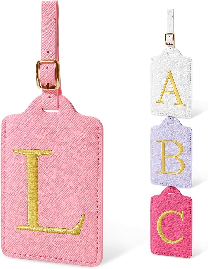 Personalized Initial Luggage Tags for Suitcases, Cute PU Leather Embroidered Letter Travel Luggage Tags, Suitcase Identifier Name Baggage Tag, Bag Tags for Men Women Kids Luggage Handbags(Pink L)