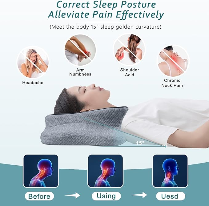 Cervical Pillow for Neck Pain Relief, Memory Foam Pillows, Ergonomic Contour Bed Pillow, Soft for Side Sleep Stomach Sleeping and Back Sleepers-Queen Size Black&Dark Grey