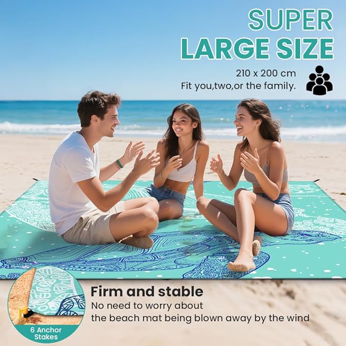 Ainiv Beach Blanket, Large Picnic Mat 210 x 200 cm (4-6 People) Foldable, Sandproof Waterproof, Camping Outdoor Blanket with 6 Fixed Nails for Beach, Hiking, Picnic