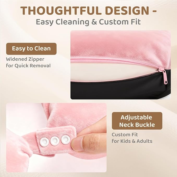 Mewaii Travel Neck Pillow with Hood for Airplanes,Memory Foam,Breathable Ice Silk & Soft Velvet,Double-Sided,Removable to Clean,Adjustable Strap,Portable Travel Pillow for Long Flights Adults & Teens