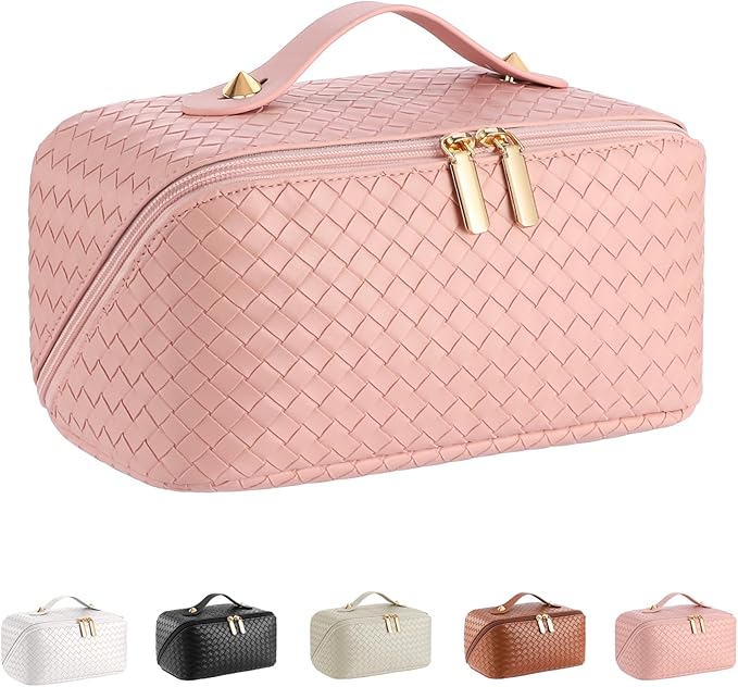 Large Capacity Travel Cosmetic Bag - Portable Makeup Bags for Women Waterproof PU Leather Checkered Makeup Organizer Bag with Dividers and Handle,Toiletry Bag for Cosmetics