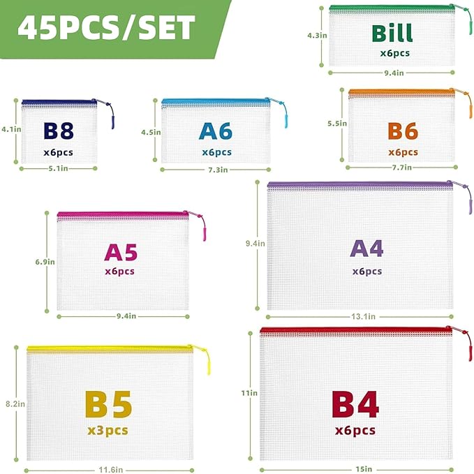 45pcs Mesh Zipper Pouch for Organization,Storage Pouches Colored PVC Travel Zipper Bags Clear Multipurpose Document Bags Suitable for Travel School Board Game and Office Supplies